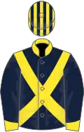 Dark blue, yellow cross belts, collar and cuffs, striped cap