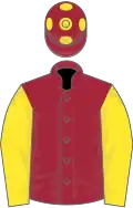 Maroon, yellow sleeves, maroon cap, yellow spots