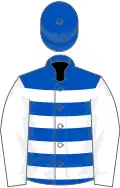 Royal blue, white hoops and sleeves, royal blue cap