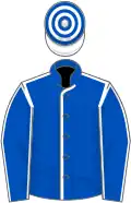 Royal blue, white seams, white and royal blue hooped cap