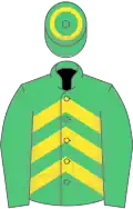 Emerald green, yellow chevrons, emerald green sleeves, hooped cap