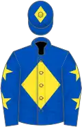 Royal blue, yellow diamond, stars on sleeves, diamond on cap