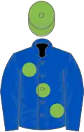 Royal blue, large light green spots, royal blue sleeves, light green cap