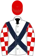 White, dark blue cross belts, red and white check sleeves, red cap