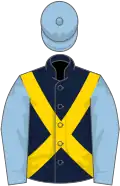 Dark blue, gold cross belts, light blue sleeves and cap