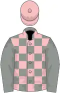 Grey and pink check, grey sleeves, pink cap