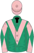 Emerald green, pink chevron, pink and emerald green diabolo on sleeves, pink cap