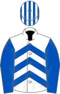 White and royal blue chevrons, royal blue sleeves, striped cap