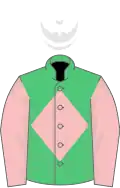 Emerald green, pink diamond and sleeves, white cap