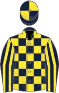 DARK BLUE and YELLOW CHECK, striped sleeves, quartered cap