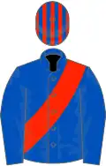 Blue, red sash, checked cap