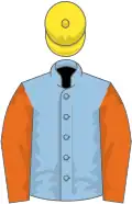 Light blue, orange sleeves, yellow cap