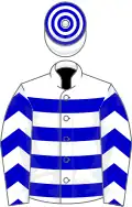 White, blue hoops, chevrons on sleeves, hooped cap