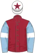 Maroon, light blue sleeves, white armlets, white cap, maroon star