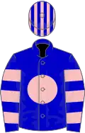 Blue, pink disc, hooped sleeves, striped cap