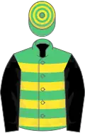 Emerald green and yellow hoops, black sleeves, emerald green and yellow hooped cap