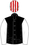 Black, white sleeves, red and white striped cap