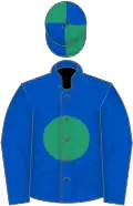 Royal blue, emerald green disc, emerald green and royal blue quartered cap