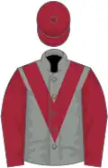 Grey, maroon chevron, maroon sleeves, maroon cap