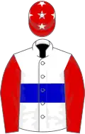 White, blue hoop, red sleeves, red cap, white stars