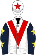 White, red chevron, dark blue sleeves, yellow stars, white cap, red star