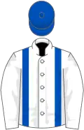 White, royal blue braces and cap