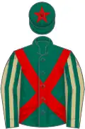 Dark green, red cross belts, dark green and beige striped sleeves, dark green cap, red star