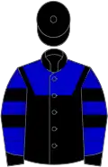 Black, blue yoke, black collar, blue sleeves, two black hoops and cuffs, black cap