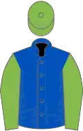 Royal blue, light green sleeves and cap