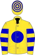 Yellow, blue disc, hooped sleeves and cap