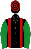 Black, red braces, green sleeves, black and red hooped cap