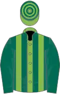 Light green and dark green stripes, dark green sleeves, hooped cap