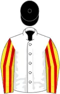 White, yellow and red striped sleeves, black cap