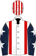 White, red braces, dark blue sleeves, white stars, red and white striped cap
