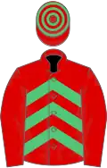 Red, emerald green chevrons, red sleeves, hooped cap