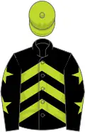 Black, lime green chevrons, black sleeves, lime green stars, lime green cap