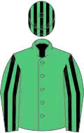 Emerald green, emerald green and black striped sleeves, striped cap