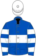 Royal blue, white hoop, hooped sleeves, white cap