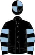 Black, light blue hooped sleeves, quartered cap