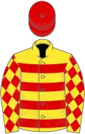 Yellow, red hoops, diamonds on sleeves, red cap