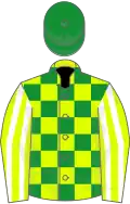 Chartreuse and green checks, chartreuse and white striped sleeves, green cap