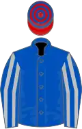Royal blue, silver striped sleeves, red and royal blue hooped cap