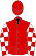 Red, red and white check sleeves, red cap