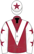 Maroon, white chevron, white sleeves, maroon stars, white cap, maroon star