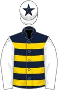 Dark blue, gold hoops, white sleeves, white cap, dark blue star