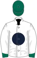 White, dark blue disc, dark green cuffs and cap