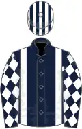 Dark blue, white braces, diamonds on sleeves, striped cap