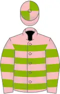 Pink and apple green hoops, pink and green quartered cap