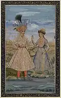 Lady offering a flower to a prince. Aliquli Jabbadar, ca 1660-70. British Museum. According to the object listing, the treatment of faces continues developments made by Shaykh Abbasi.