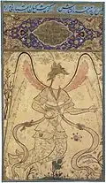 Peri with a lute. Unknown artist, c. 1550. From an album in Topkapı Palace Library